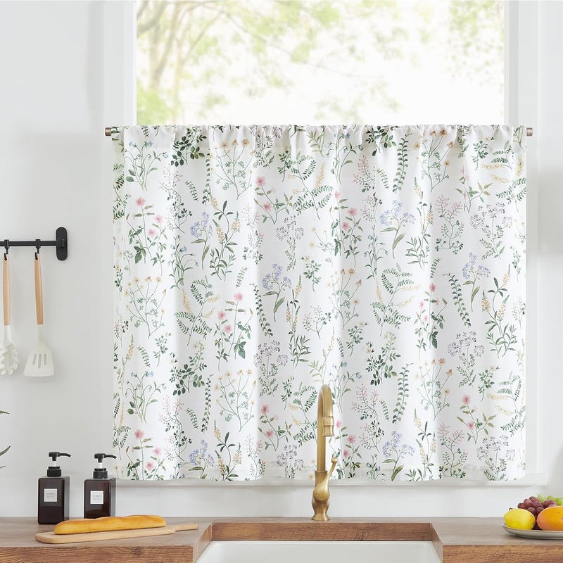 jinchan Spring Floral Kitchen Curtain Over Sink Farmhouse Linen Tier Curtain 36 Inch Length Cafe for Living Room Bathroom Botanical Small Drapes Rustic Light Filtering Rod Pocket 1 Panel Green - Image 1